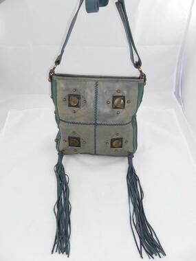 VELEZ COLOMBIA USED TEAL LEATHER FRINGE/STUDDED SHOULDER BAG